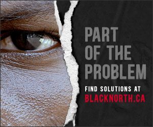 BlackNorth; closeup of a person’s eye; text reads: Part of the Problem find solutions at BlackNorth.ca